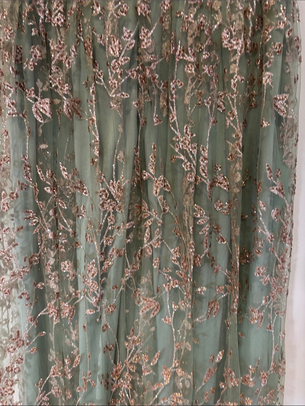 Baltic born Arden shimmer gown in sage+gold featuring a long V neckline - Picture 8 of 12